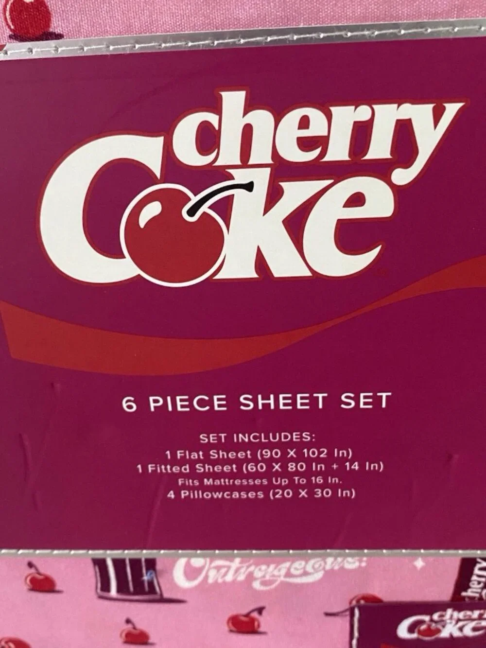 6 Piece Cherry Coke‎ Outrageous Can QUEEN Size Sheet Set Bedding Pink Soft NEW